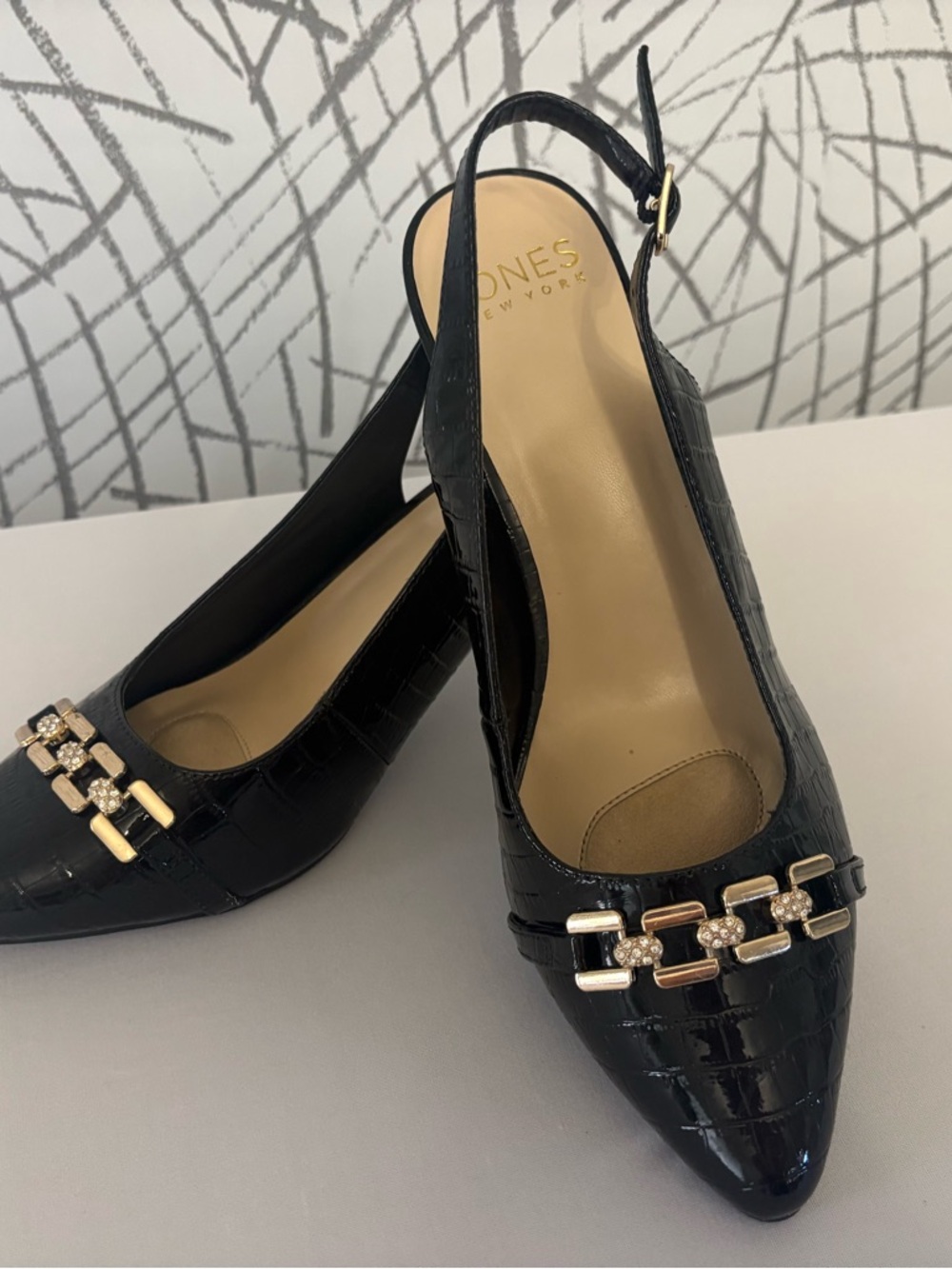 Jones New York Black Croc-Embossed Slingback Pumps with Gold Chain Accent
